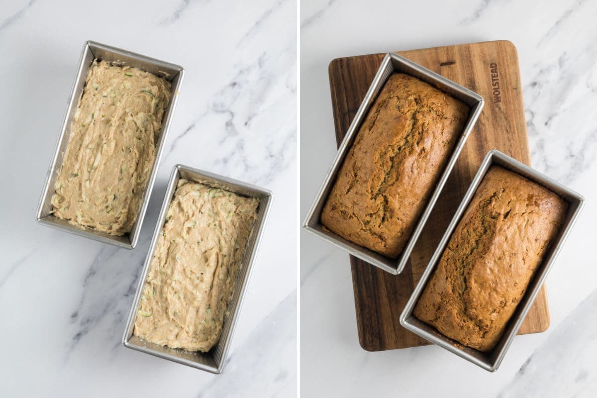Two photos to show batter in two loaf pans and the fresh baked sourdough zucchini bread loaves.
