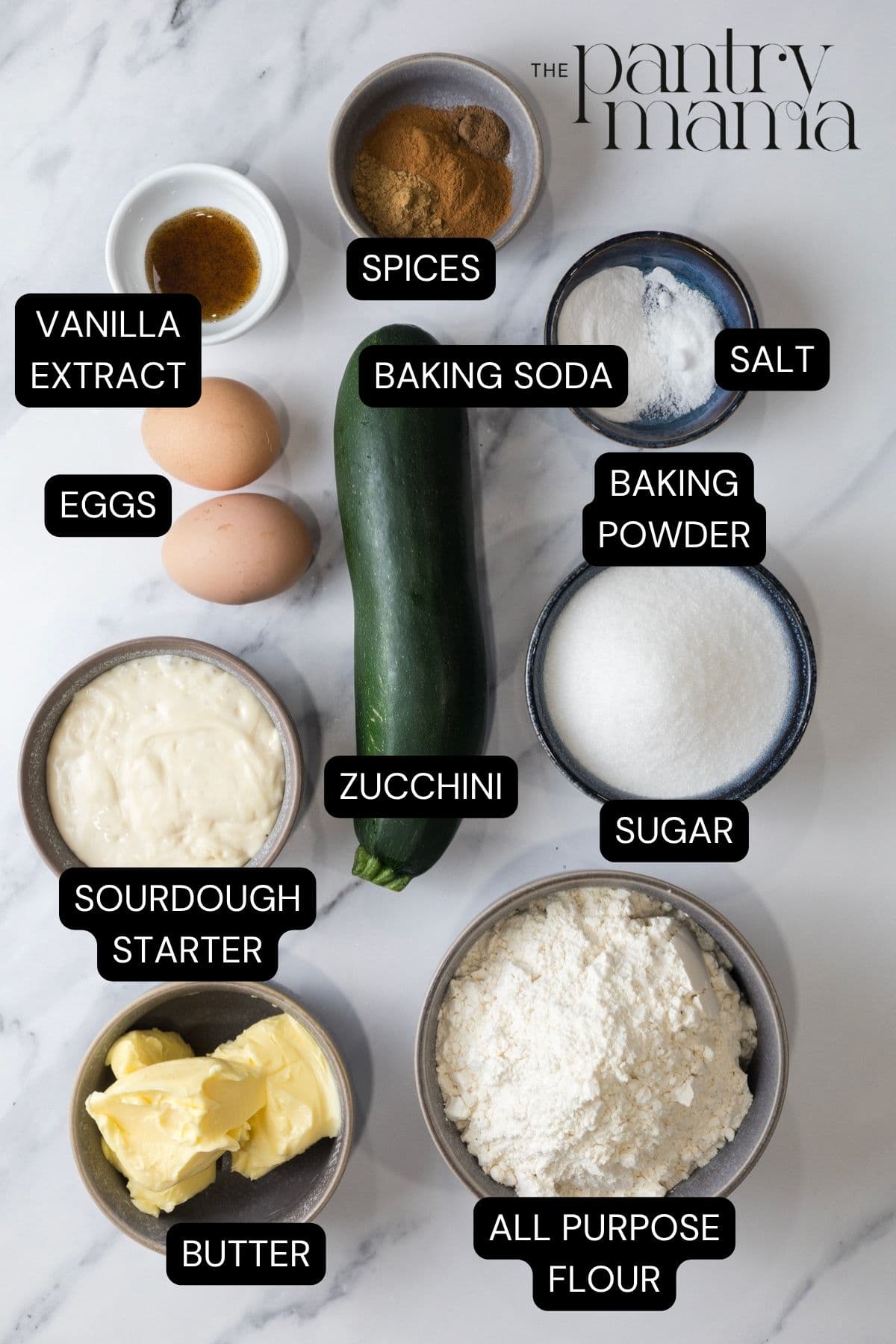 Labeled ingredients on the counter to make sourdough zucchini bread.