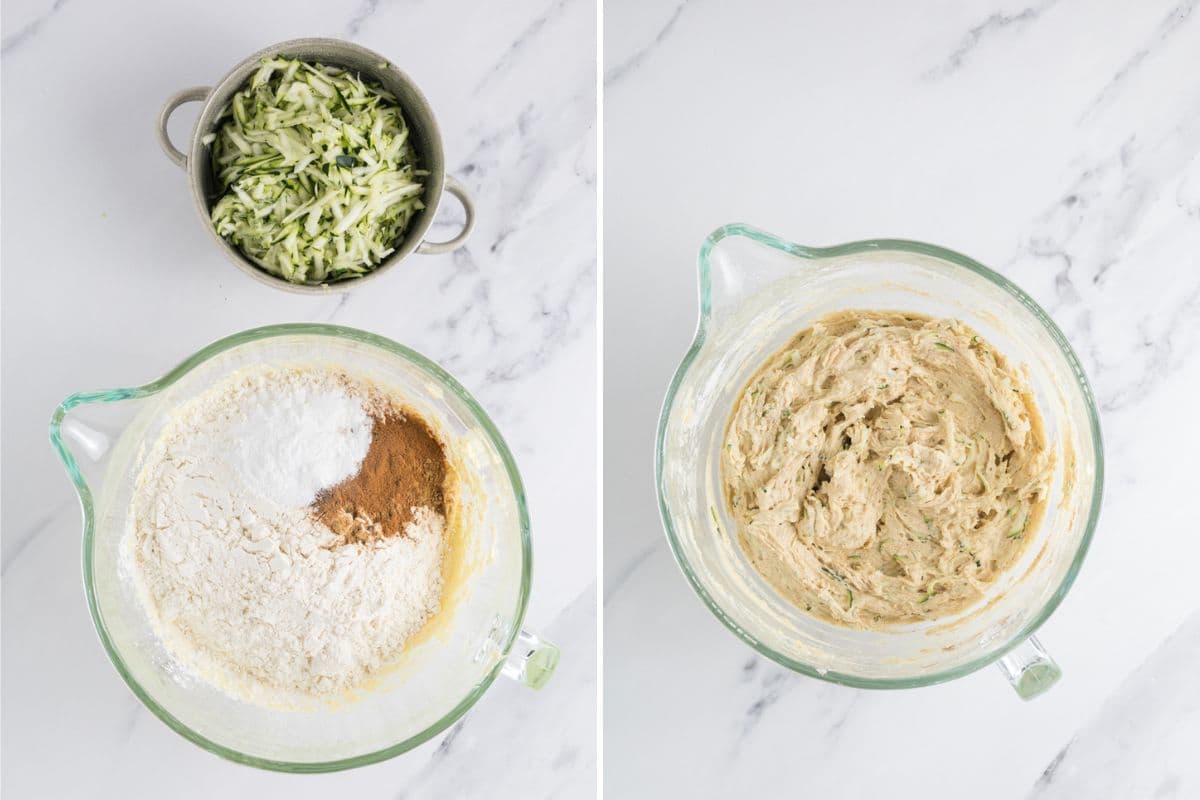 Two photos to show mixing all the ingredients in a glass bowl to make sourdough zucchini bread batter.