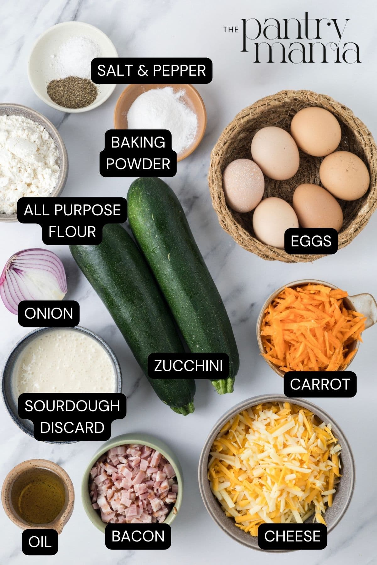 Labeled ingredients on the counter to make sourdough zucchini slice.