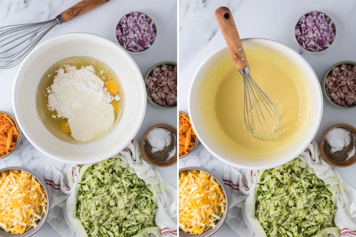 Two photos to show whisking together ingredients for sourdough zucchini slice just before adding meat, cheese and vegetables.