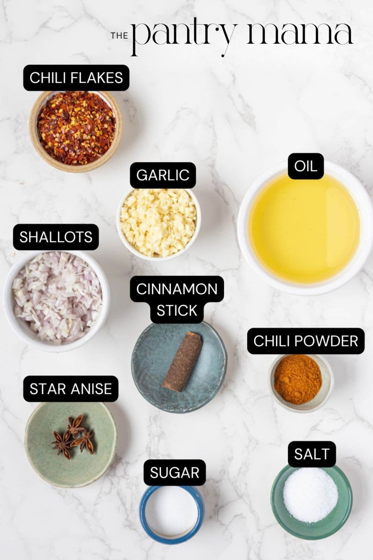 Labeled ingredients for homemade chili crunch oil.