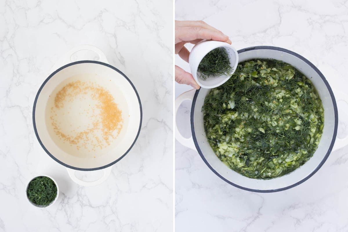 Two photos to show adding ingredients to a pot to make dill pickle relish.