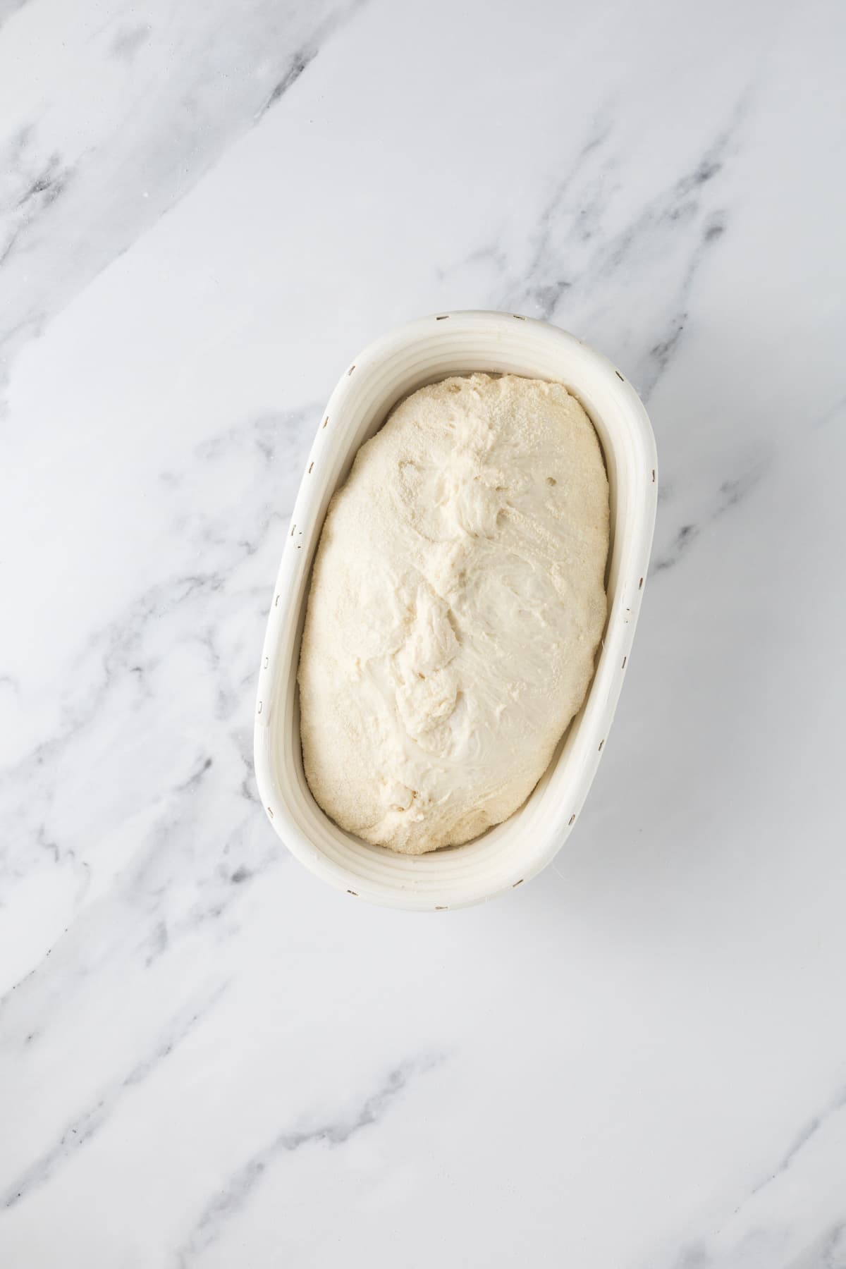 Overnight sourdough bread dough proofing in a banneton.