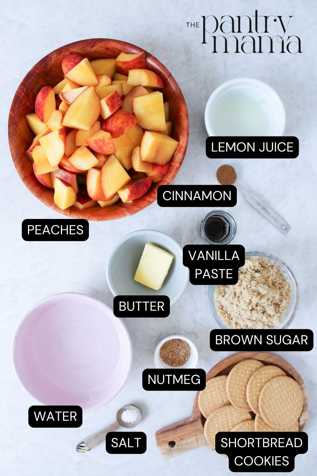 Labeled ingredients to make peach cobbler jam.