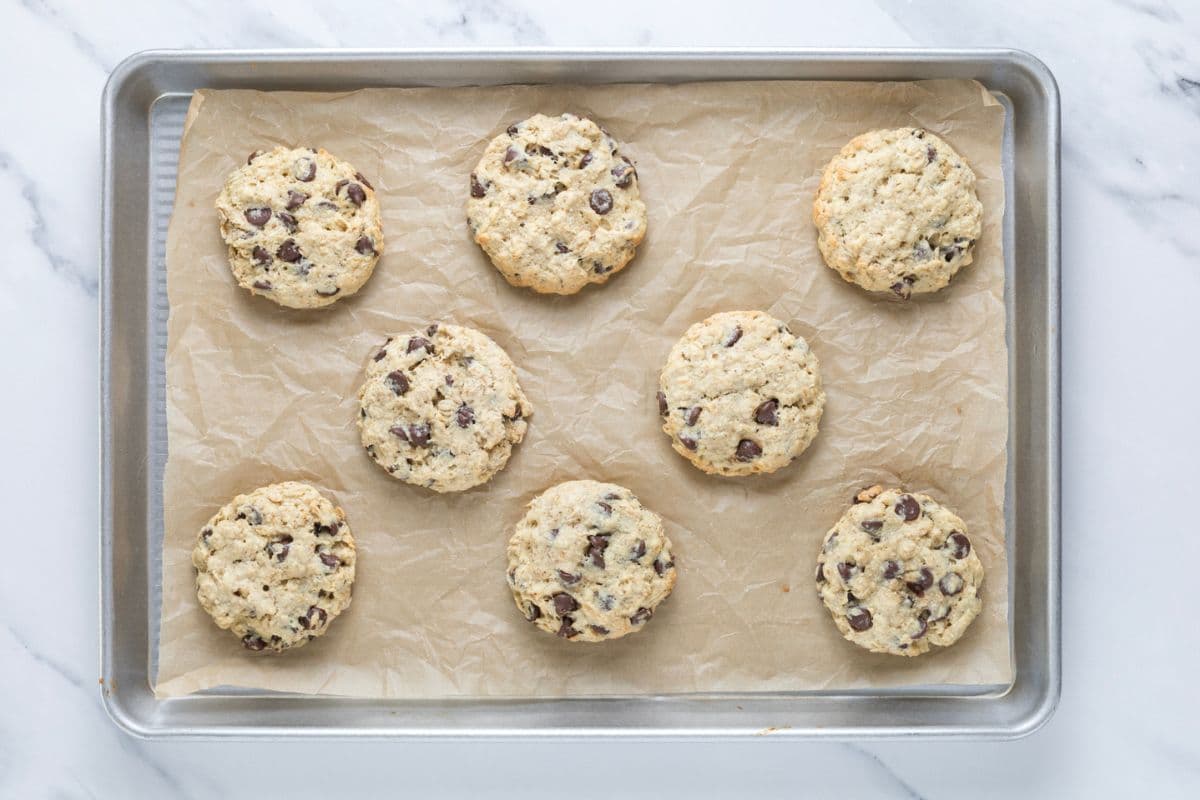 Fresh baked protein sourdough chocolate chip cookies on baking tray.