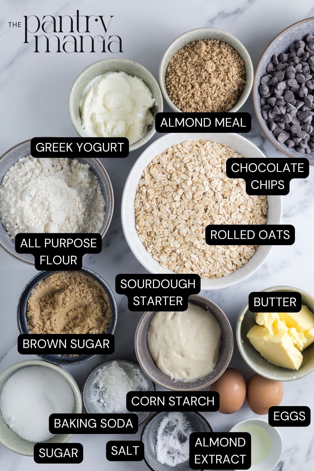 Labeled ingredients on the counter to make protein sourdough chocolate chip cookies.