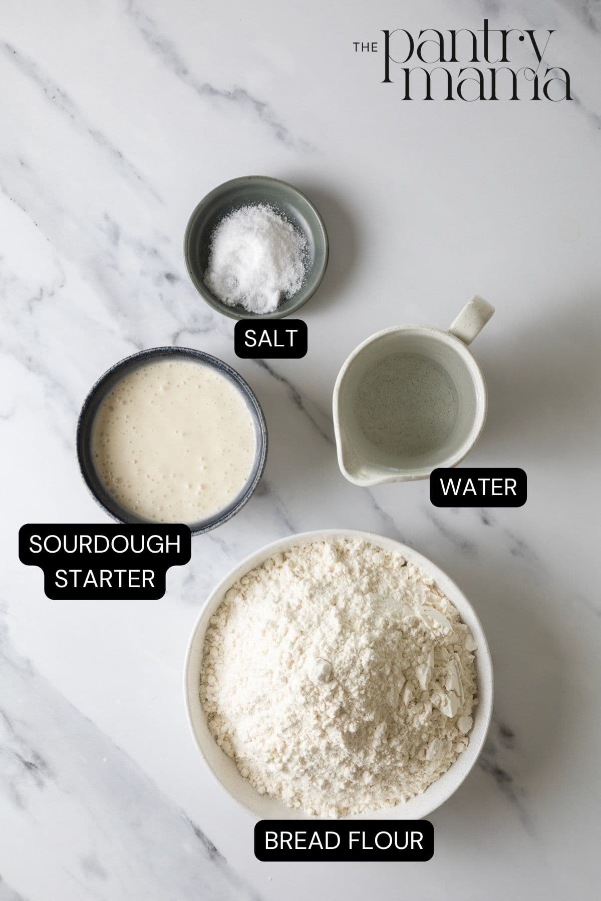 Labeled ingredients to make same day sourdough bread.