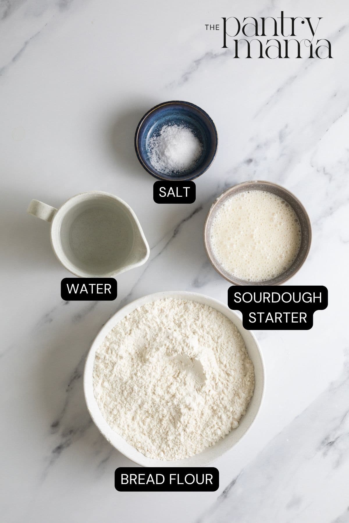 Labeled ingredients for small batch sourdough bread.