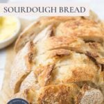 Pinterest graphic for small batch sourdough bread with rustic loaf and text overlay.