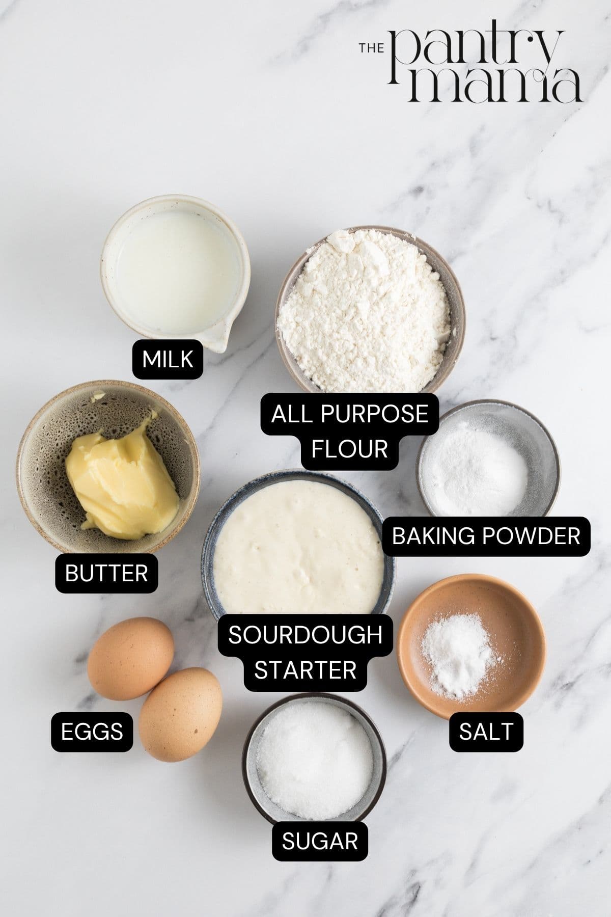 Labeled ingredients to make sourdough discard waffles.