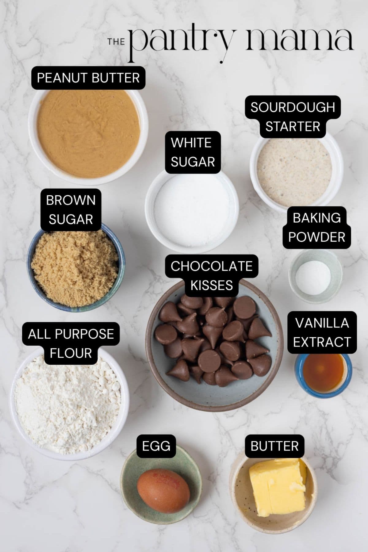 Labeled ingredients to make sourdough peanut butter blossom cookies.