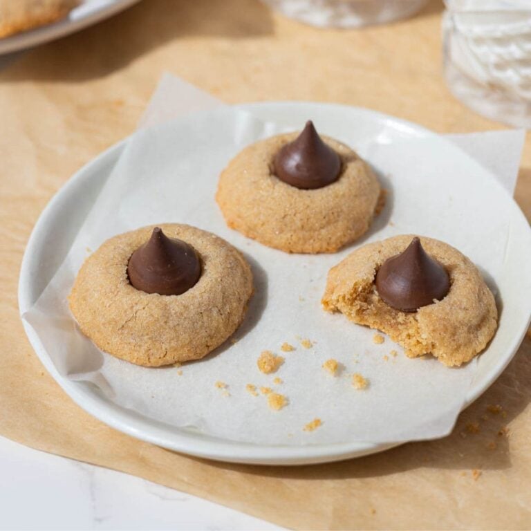 Homemade sourdough peanut butter blossom cookies with chocolate kisses and a tender peanut butter cookie base.