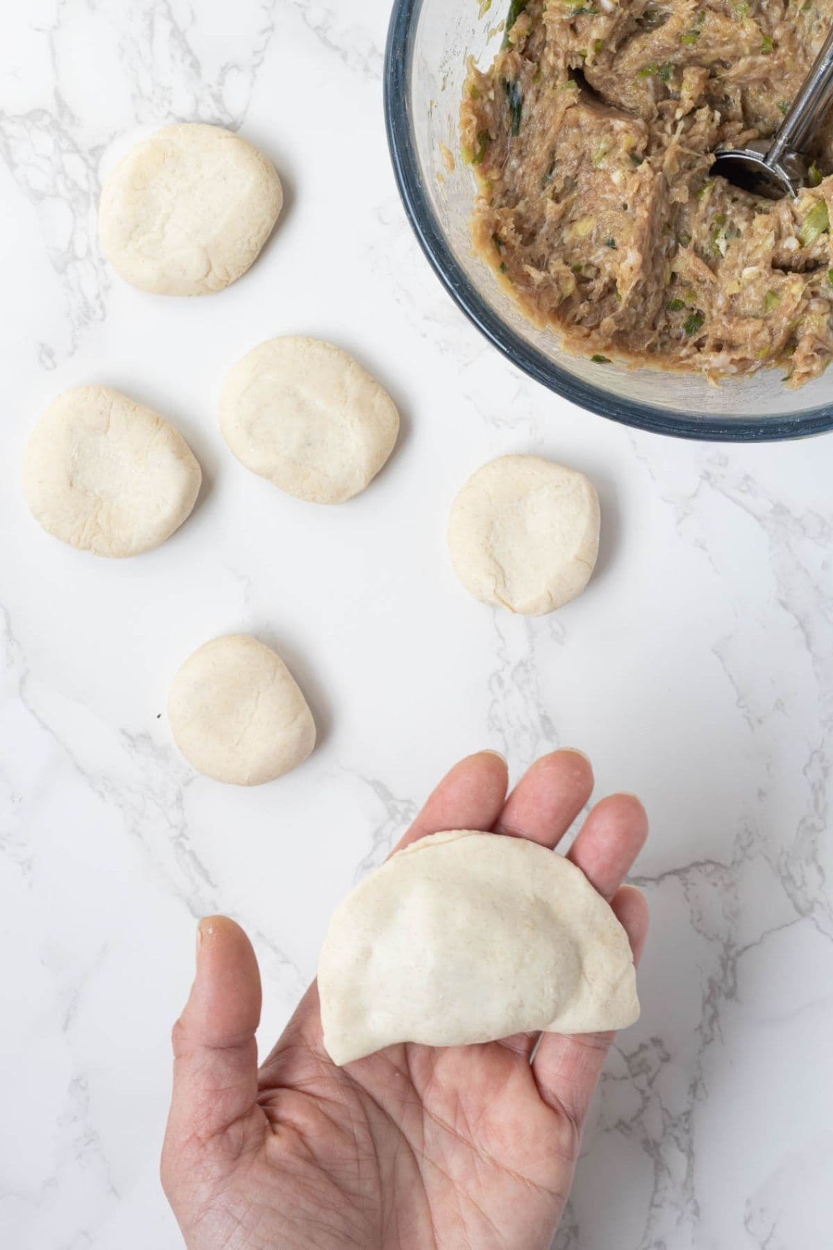 Hand folding homemade sourdough potstickers with pork filling.