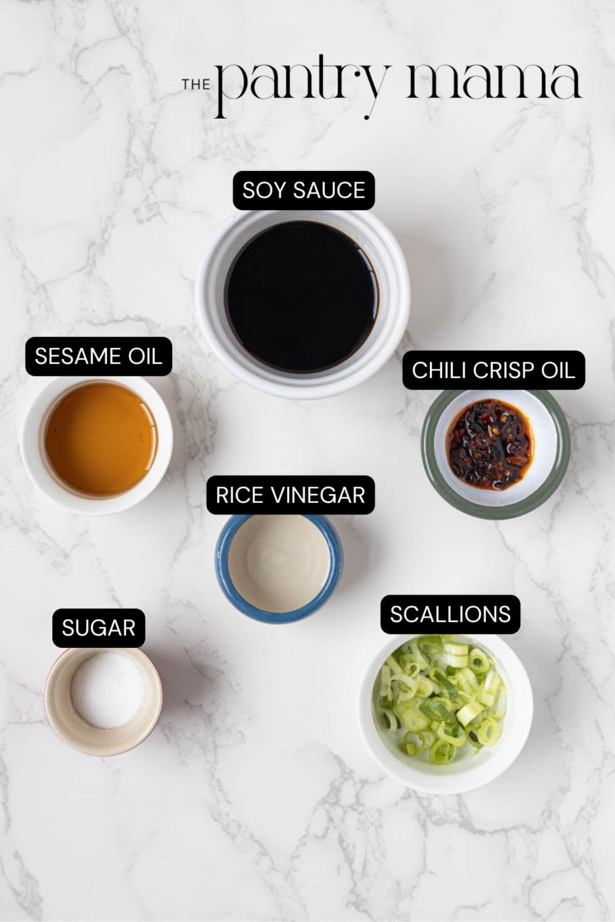 Labeled ingredients for sourdough potsticker dipping sauce.