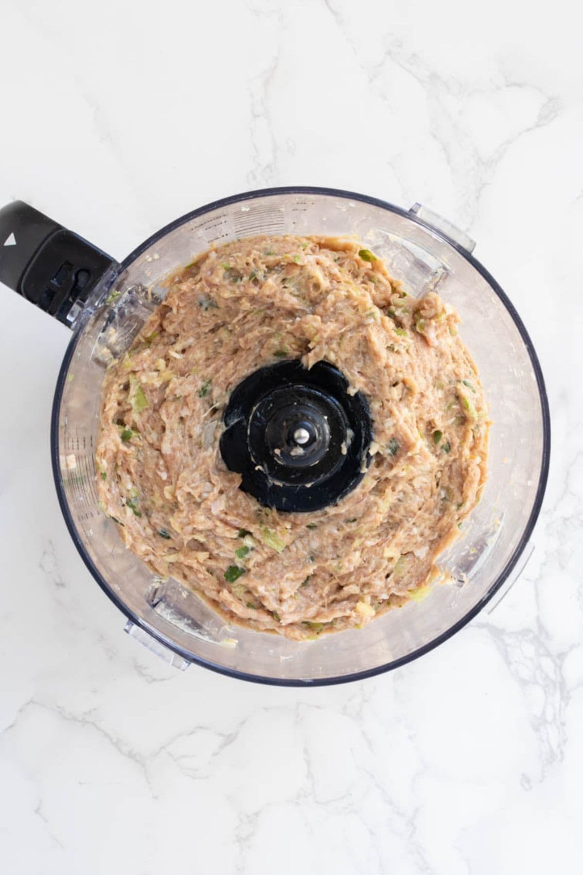 Homemade pork and vegetable filling mixed in a food processor for sourdough potstickers.
