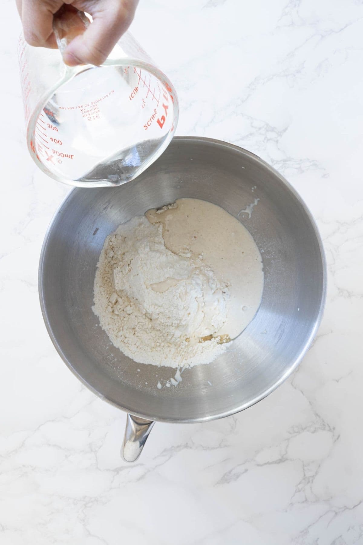 Pouring water into flour and sourdough starter to make sourdough potsticker dough.