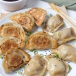 A plate of sourdough potstickers with chopsticks for serving with a dipping sauce.