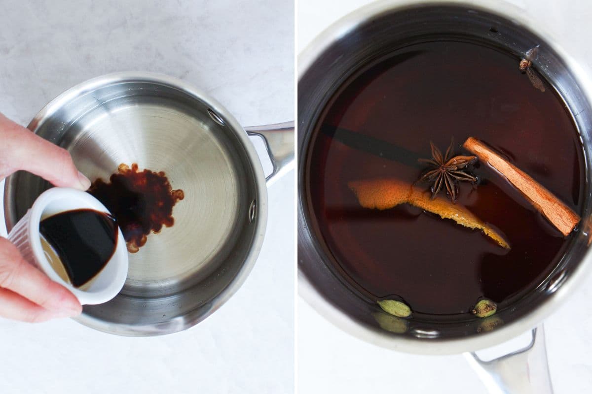 Sweet pickled cherry brine made with balsamic vinegar, orange peel, cinnamon, cardamom, and star anise simmering in a saucepan.