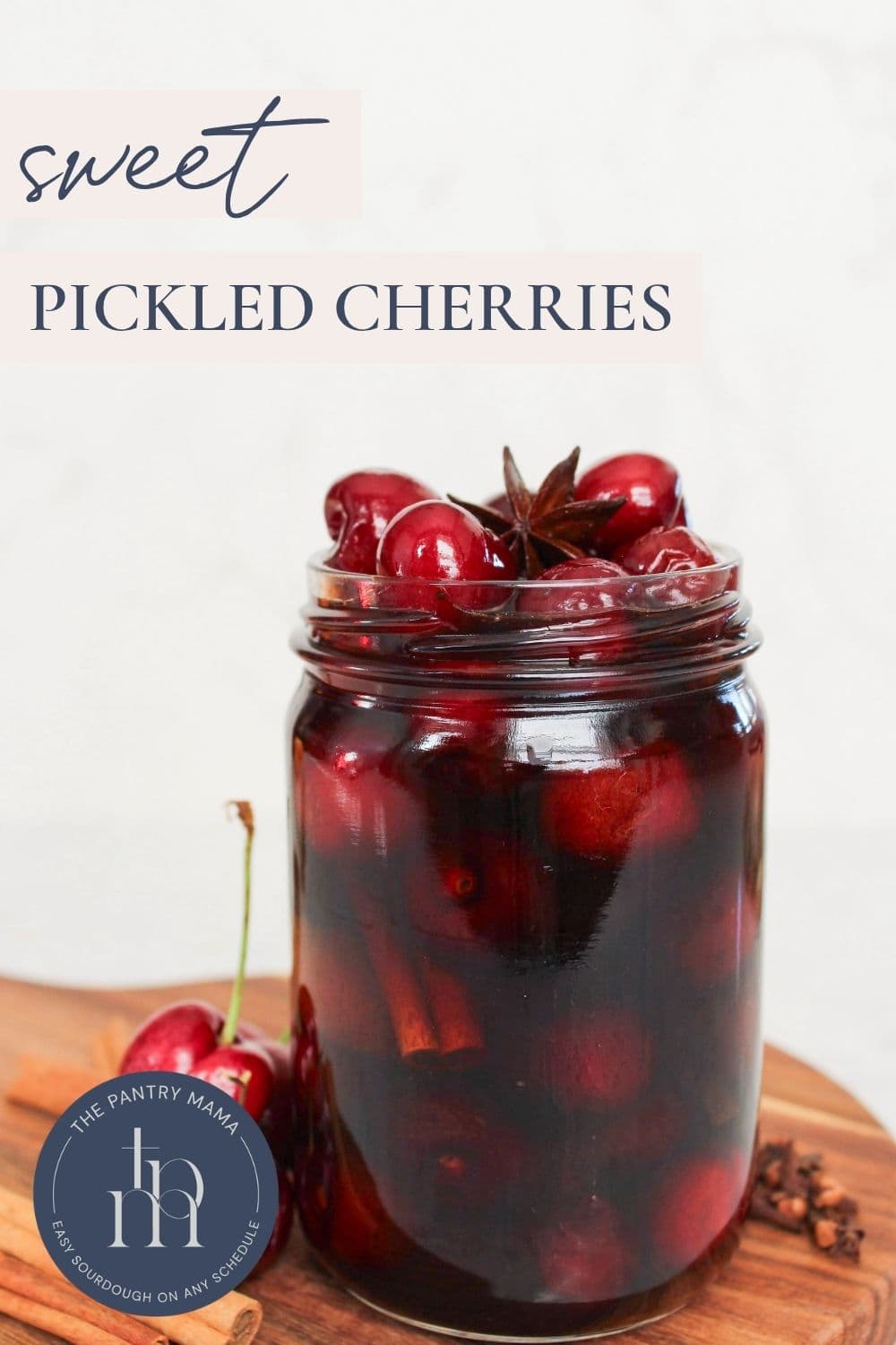 Sweet pickled cherries recipe made with fresh cherries, white wine vinegar, balsamic vinegar, and warm baking spices.