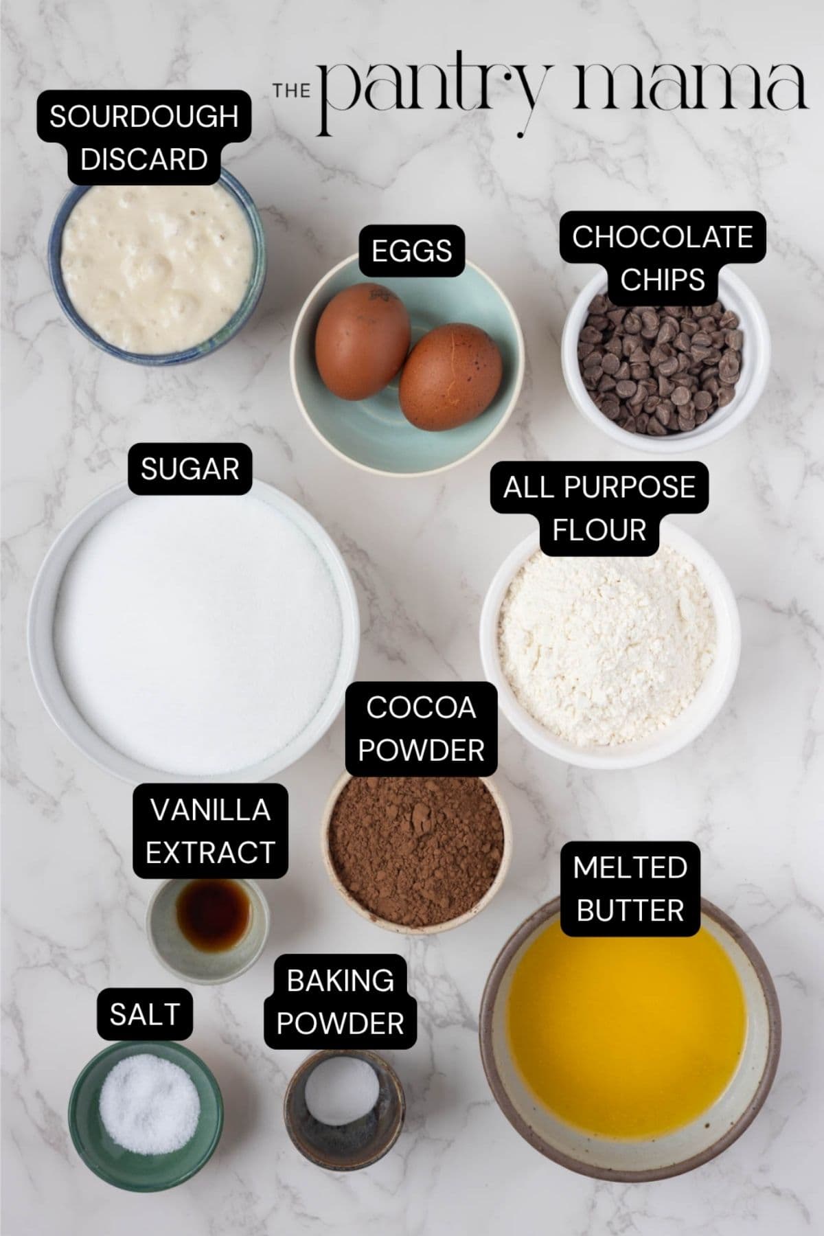 Labeled ingredients to make chocolate sourdough brownie bites.