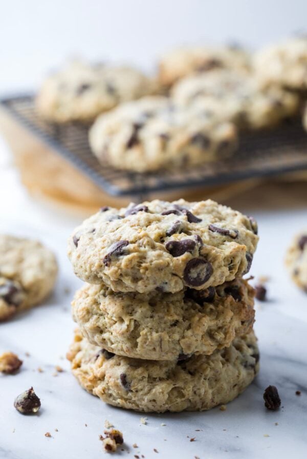 Tall stack of bakery-style sourdough chocolate chip cookies with a protein boost.