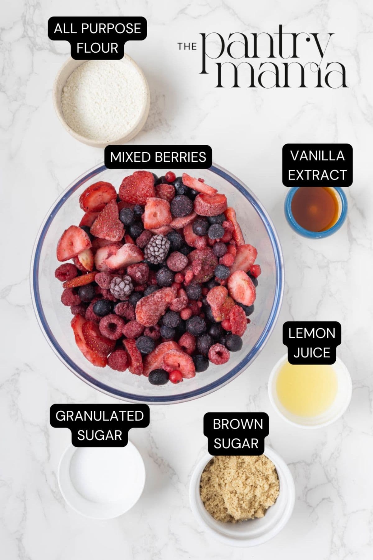 Labeled ingredients for sourdough berry cobbler filling.