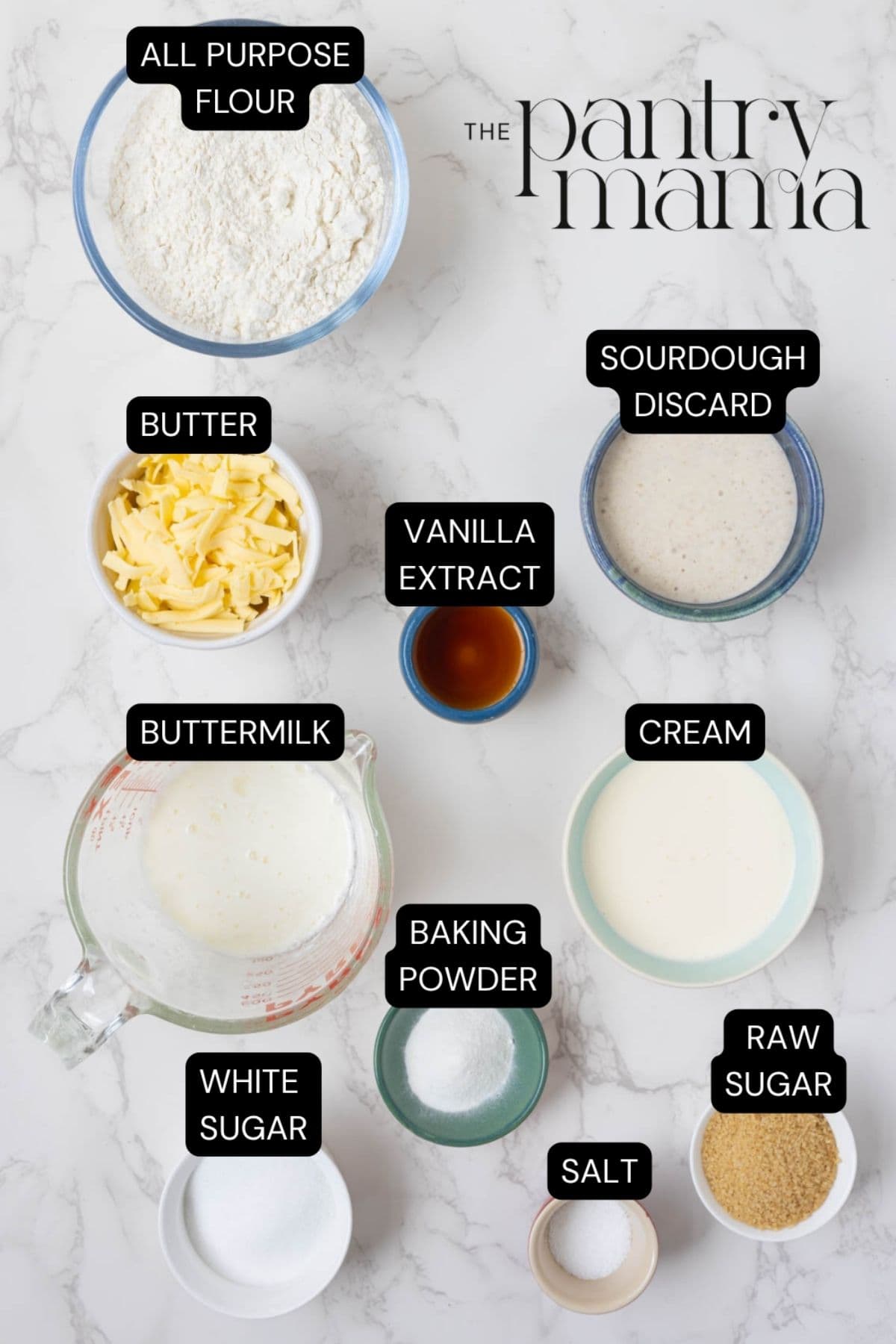 Labeled ingredients to make the biscuit topping for a sourdough berry cobbler.