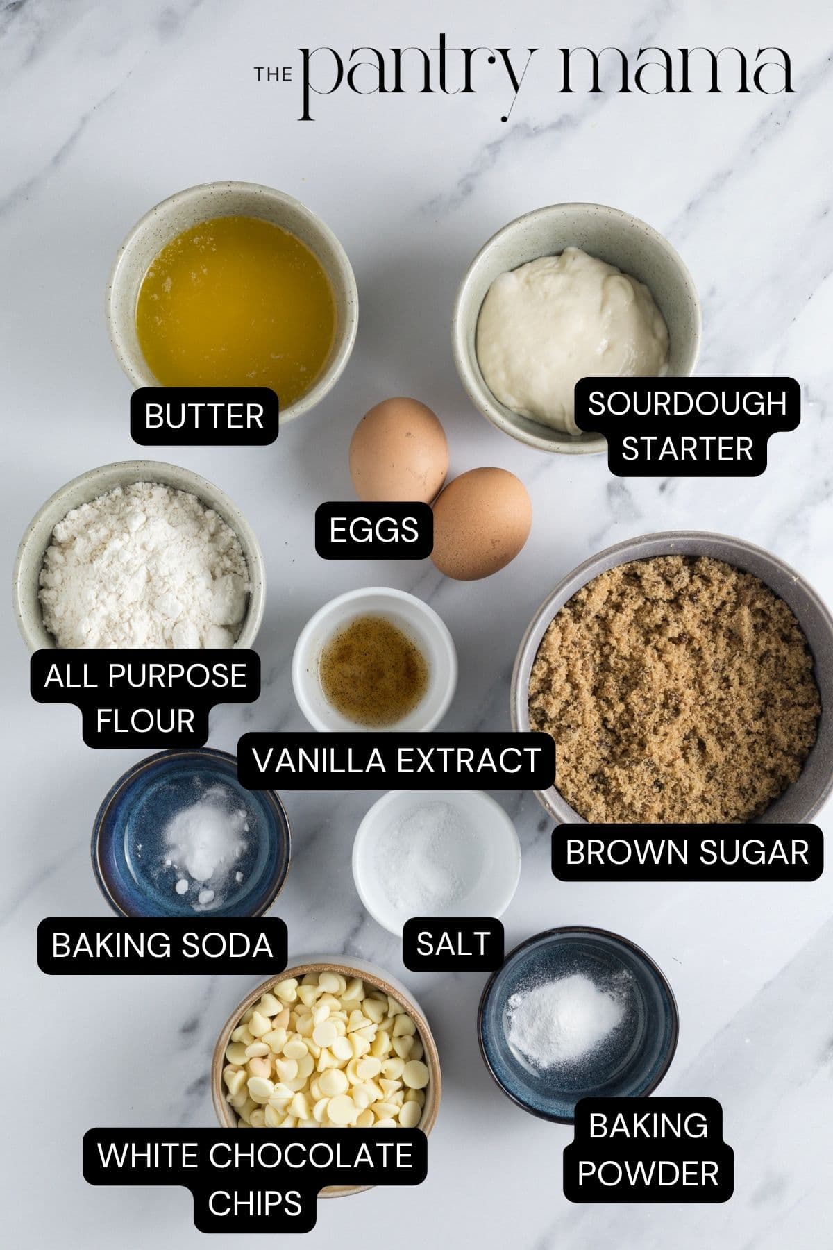 Labeled ingredients to make sourdough blondies.