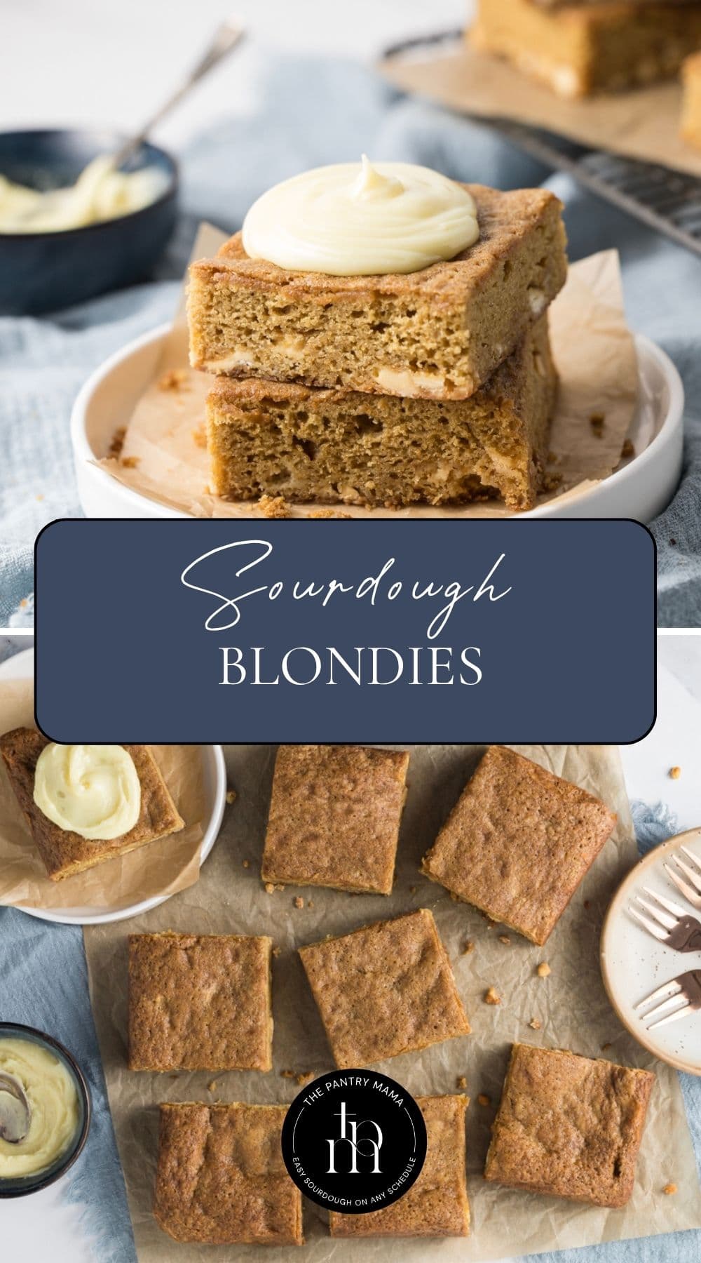 Pinterest pin featuring sourdough blondies with frosting and the text overlay "Sourdough Blondies."