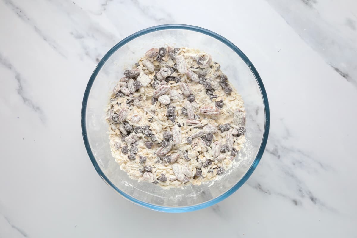 Dry ingredients for sourdough cowboy cookies mixed in a mixing bowl.