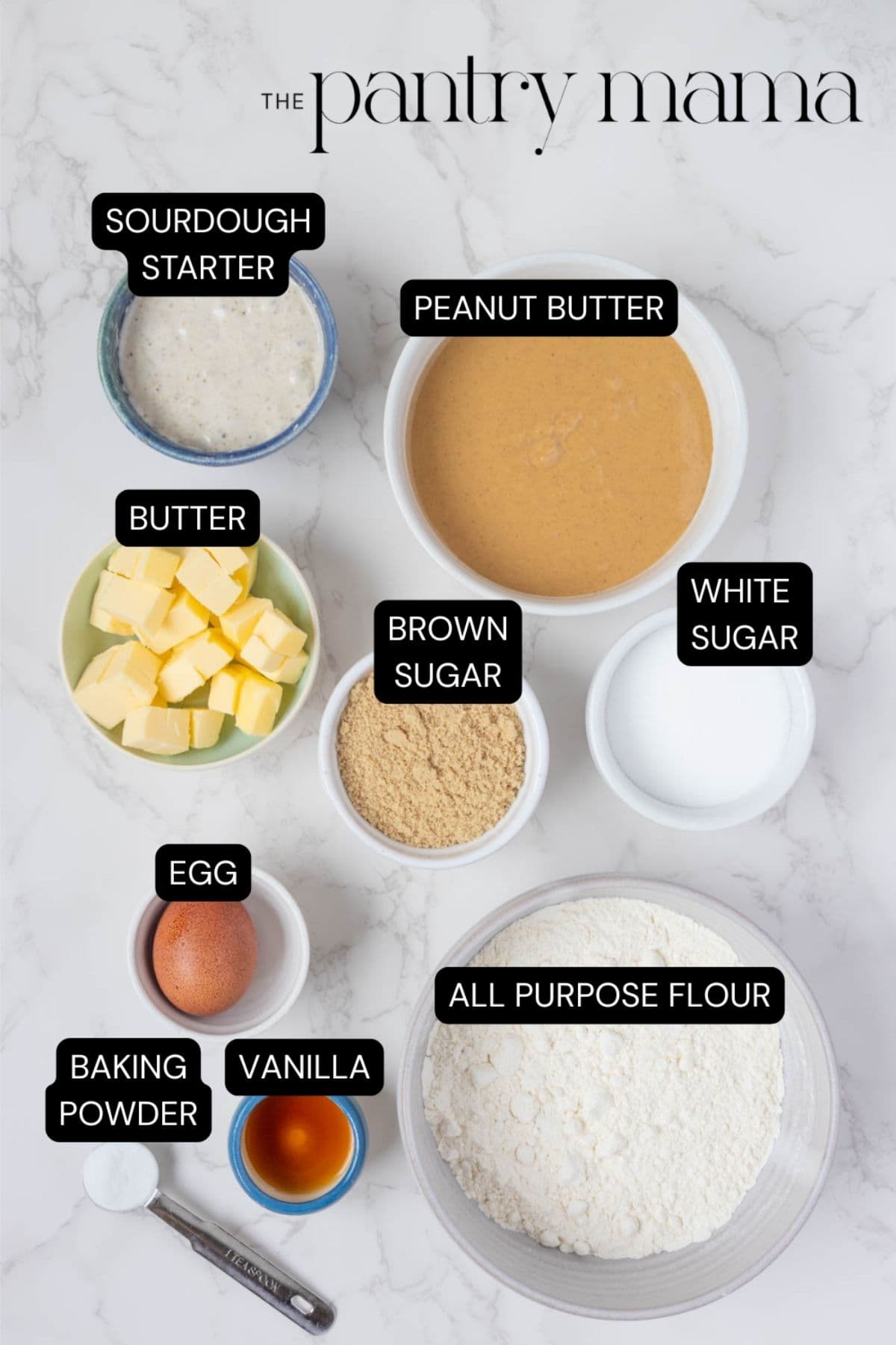 Labeled ingredients for sourdough peanut butter cookies.