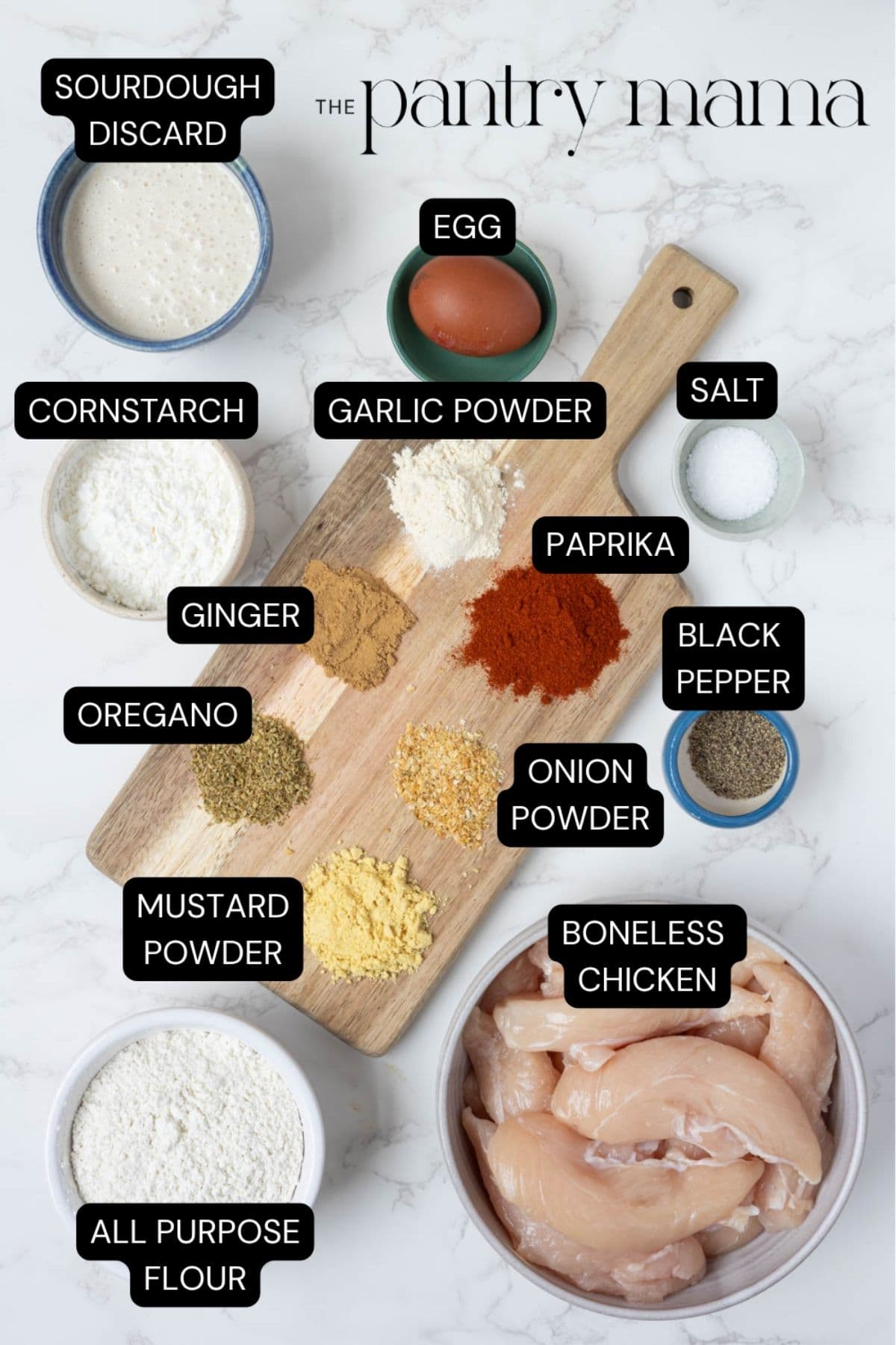 Labeled ingredients for sourdough fried chicken.
