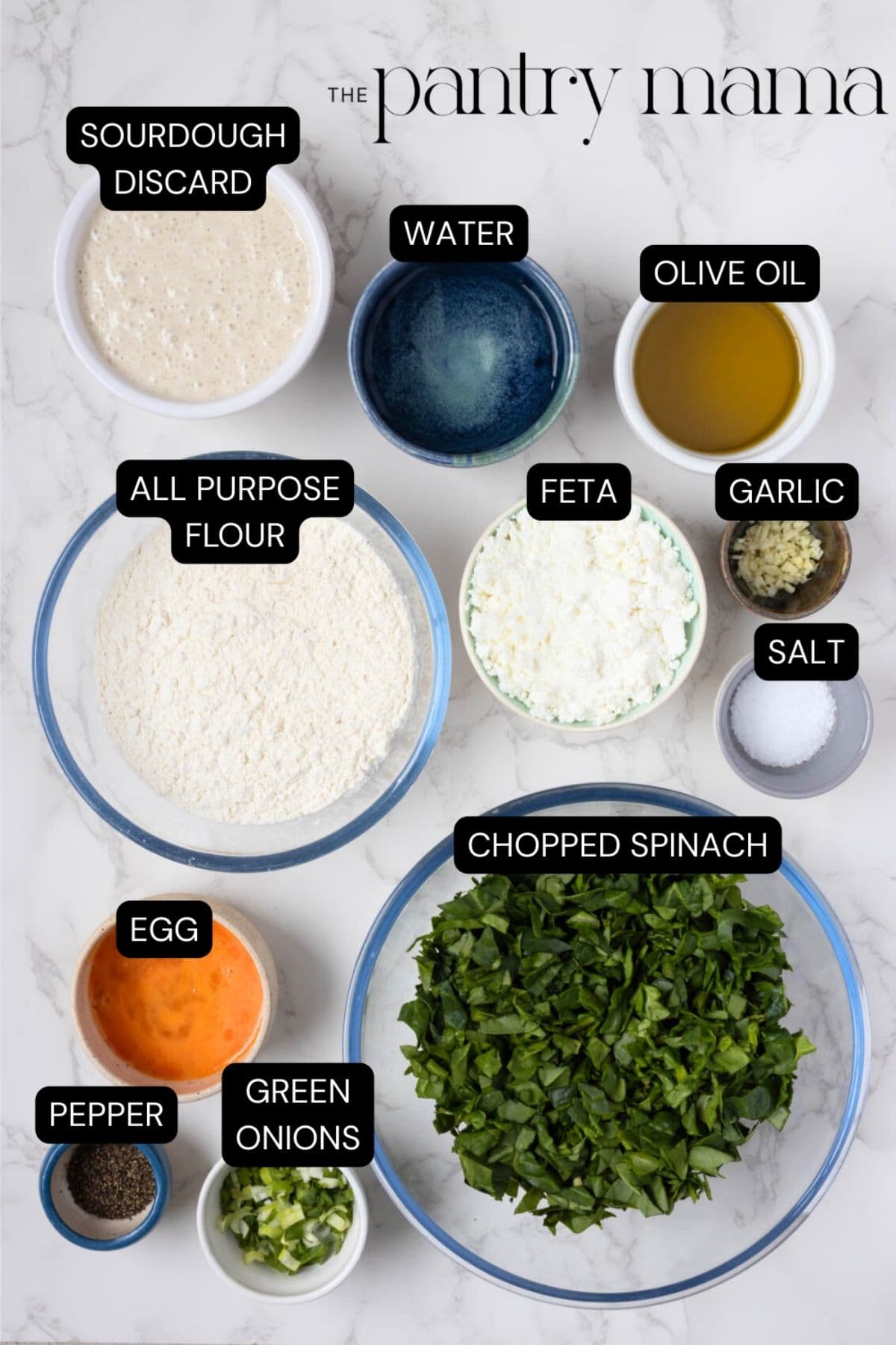Labeled ingredients to make sourdough gozleme.
