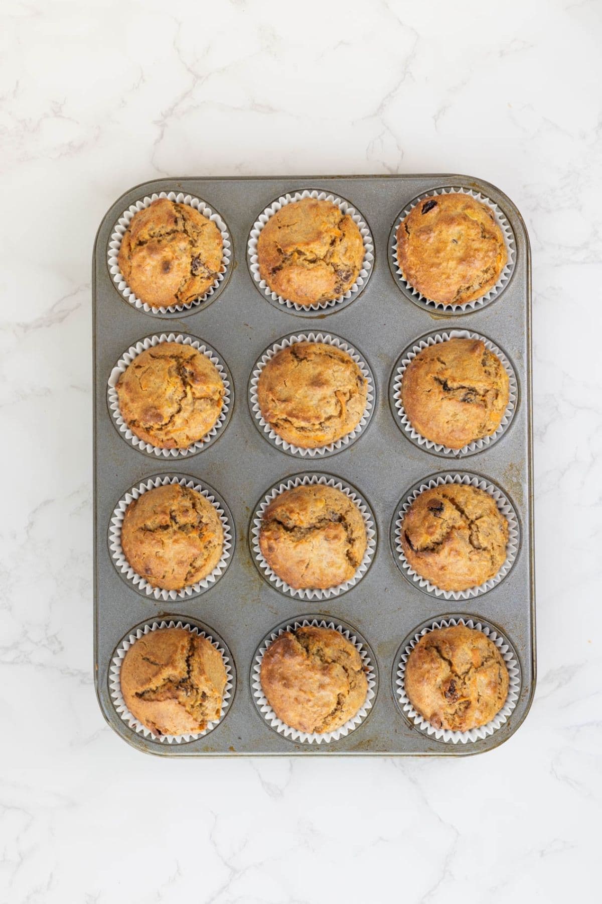 Freshly baked sourdough morning glory muffins cooling in a muffin tin after baking.