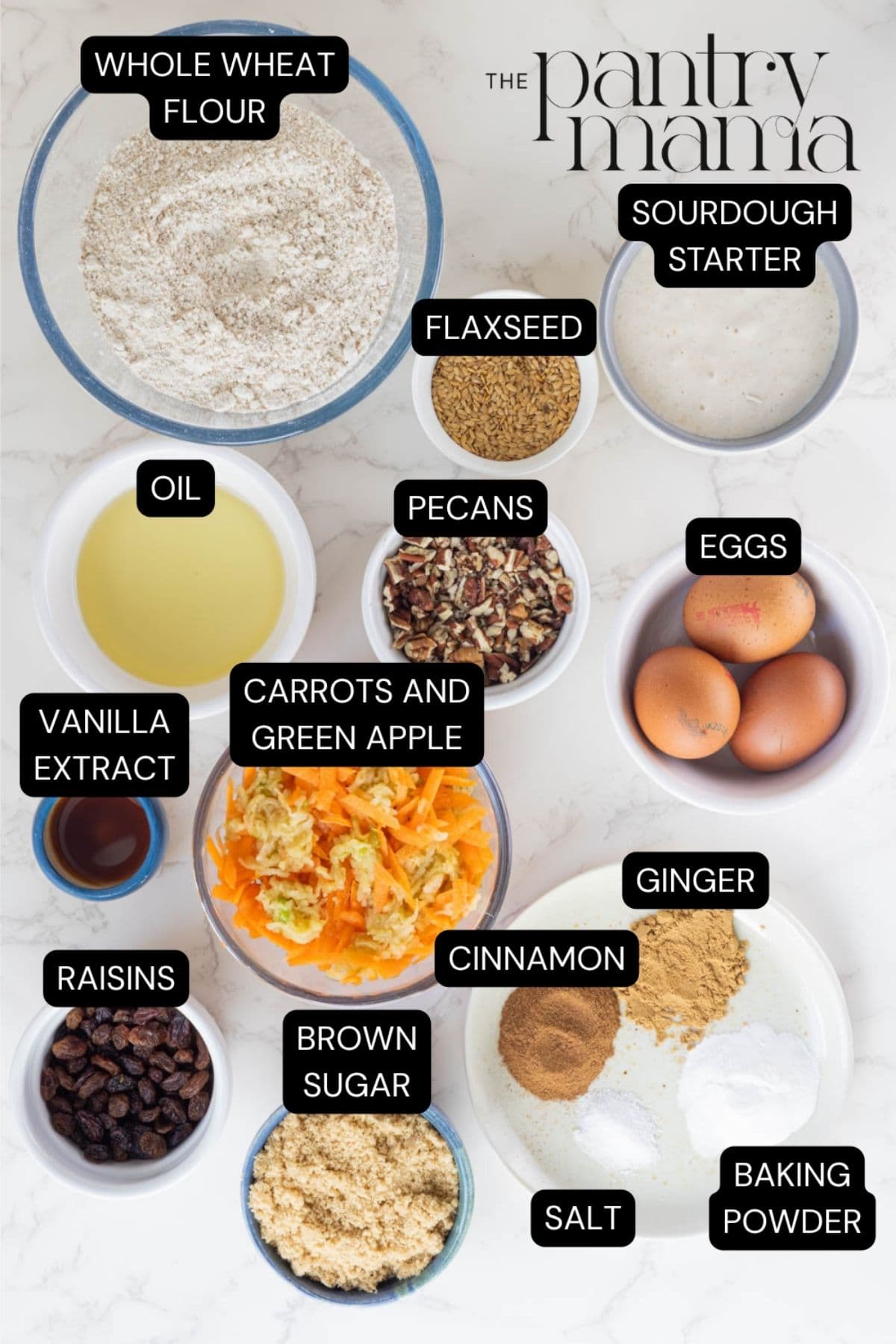 Labeled ingredients for sourdough morning glory muffins.