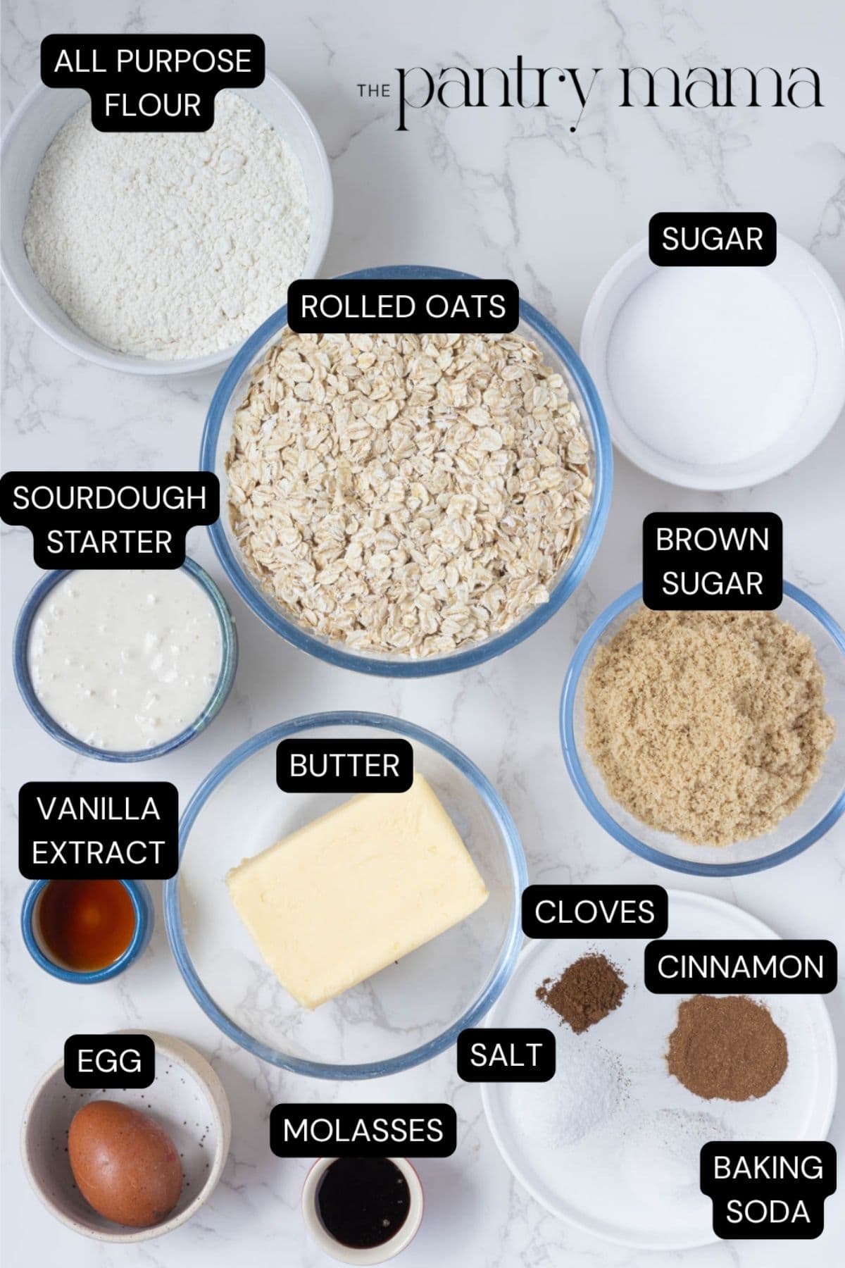 Labeled ingredients to make the cookies for sourdough oatmeal cream pies.