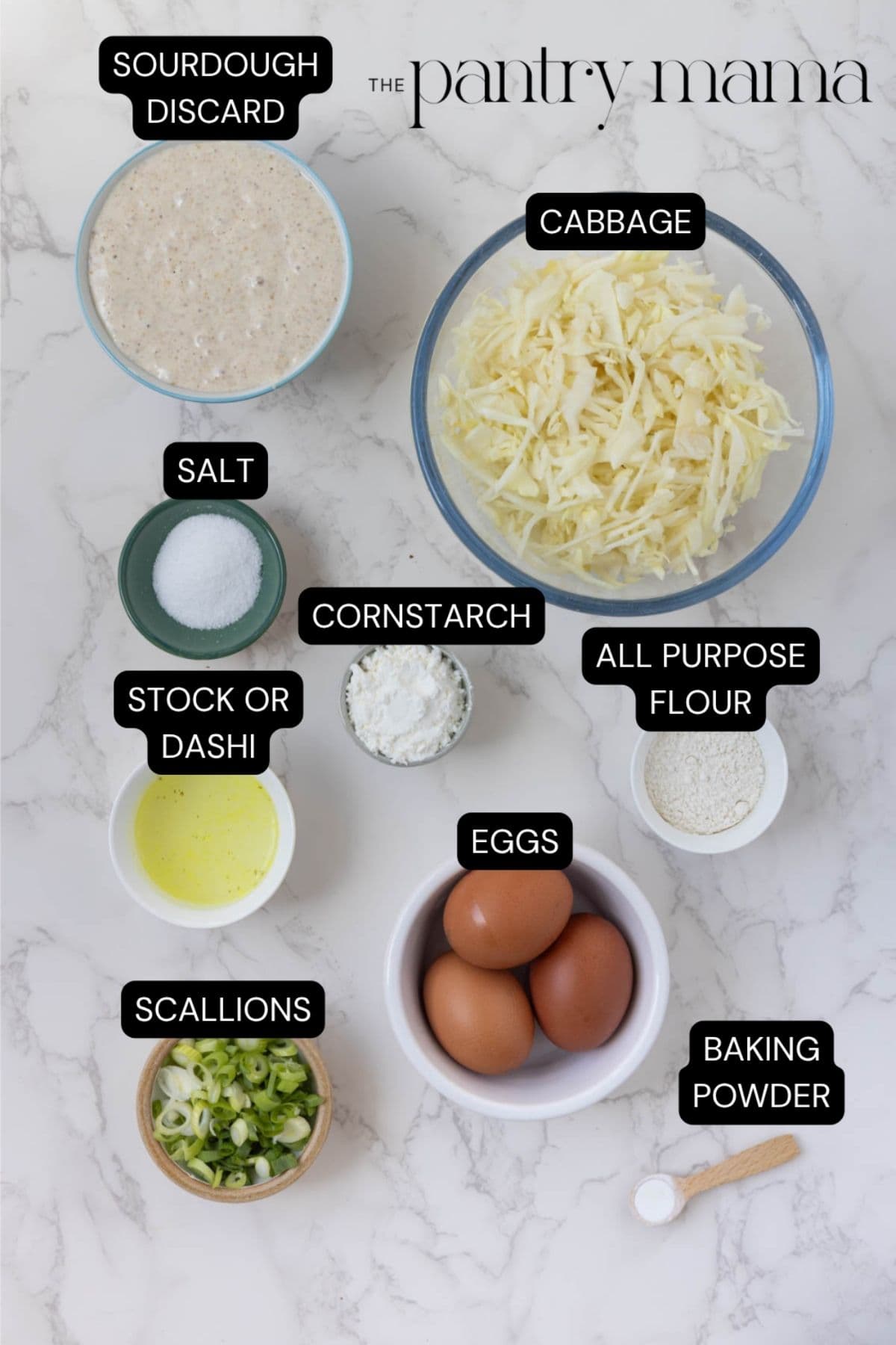 Labeled ingredients for sourdough okonomiyaki.