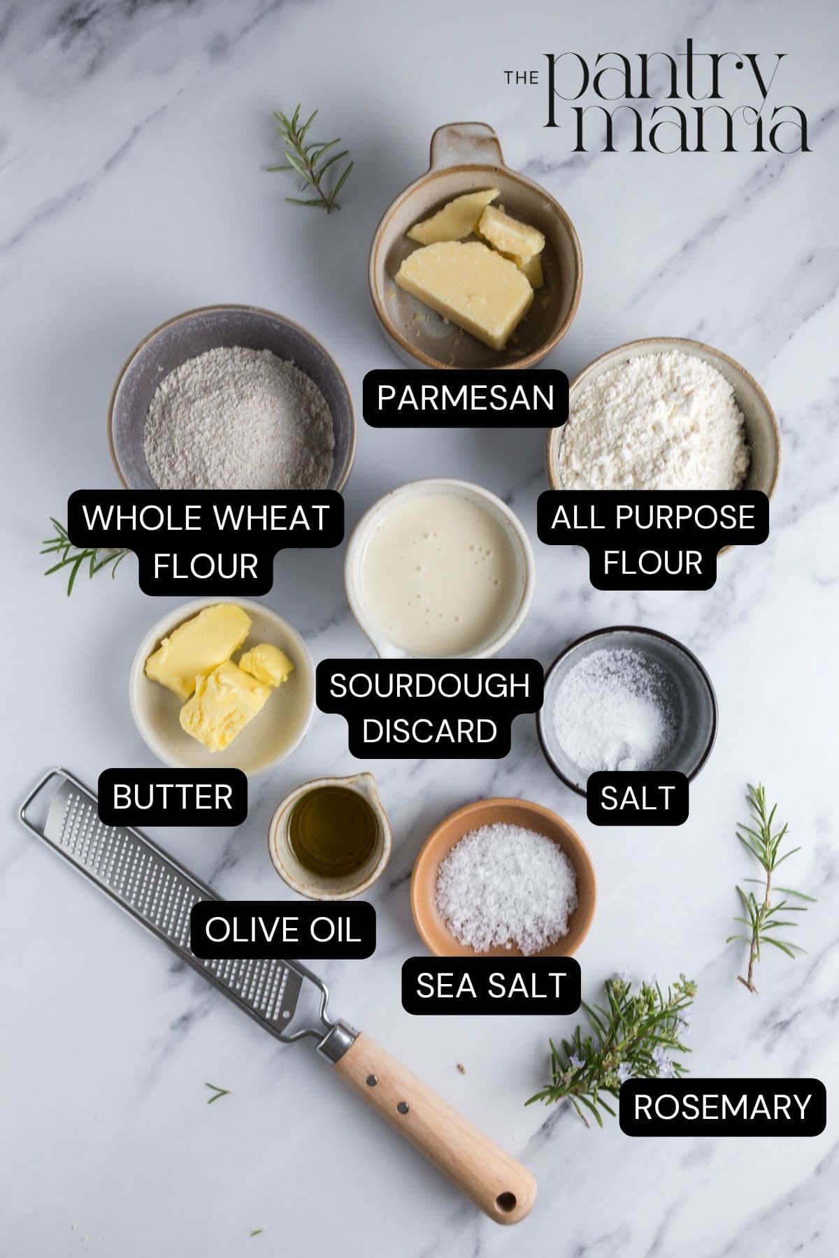 Labeled ingredients to make sourdough parmesan rosemary crackers.