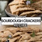 Sourdough parmesan rosemary crackers served with cheese and condiments for an easy appetizer with text overlay for a Pinterest pin image.
