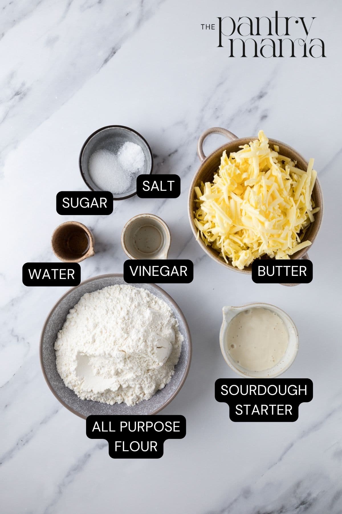 Labeled ingredients to make sourdough pie crust.