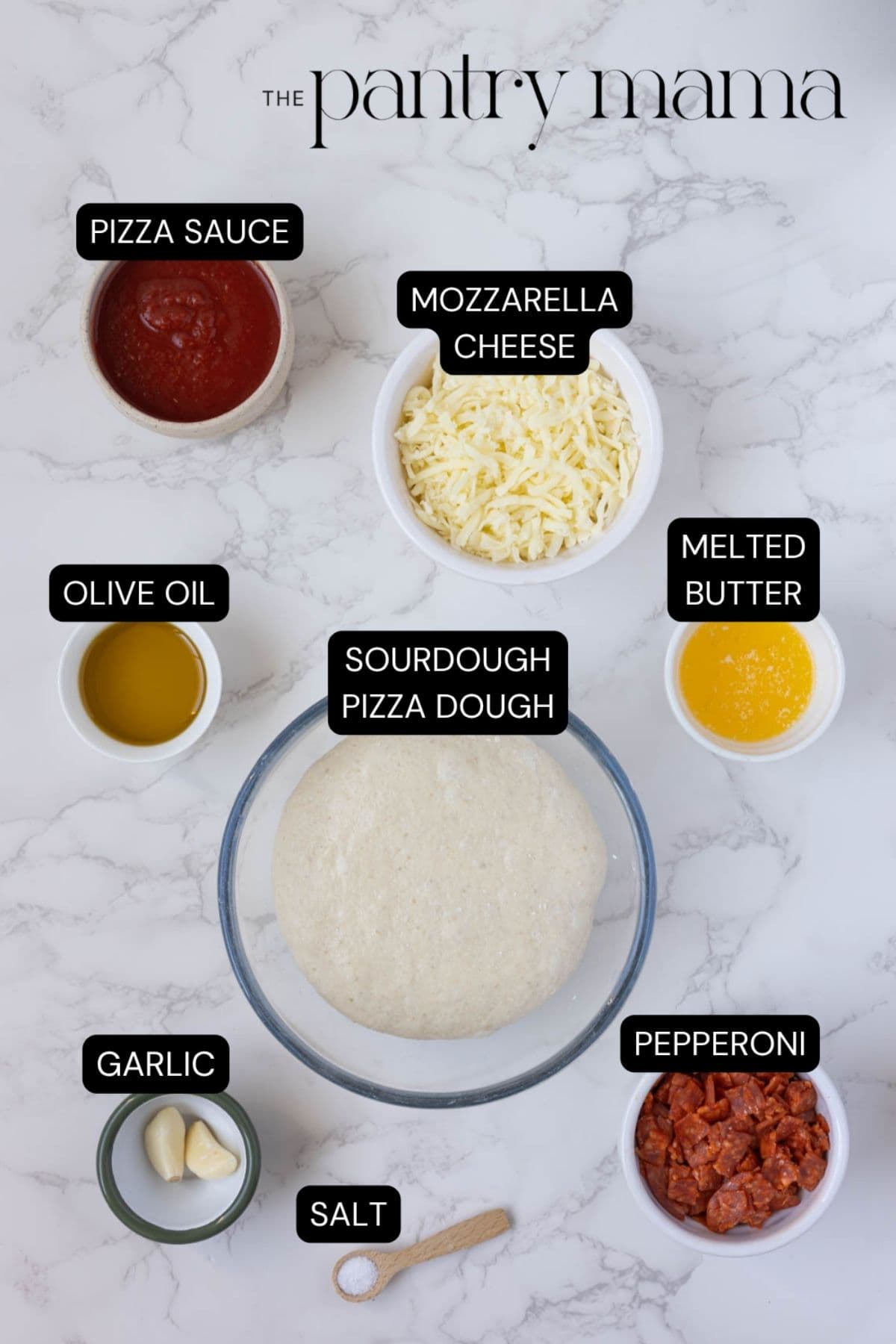 Labeled ingredients for sourdough pizza pockets.