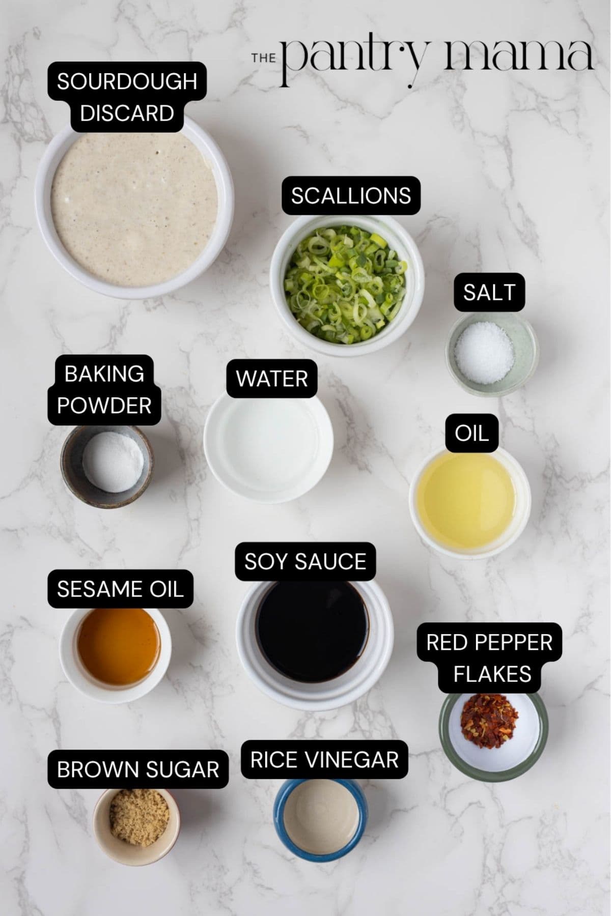Labeled ingredients to make sourdough scallion pancakes.