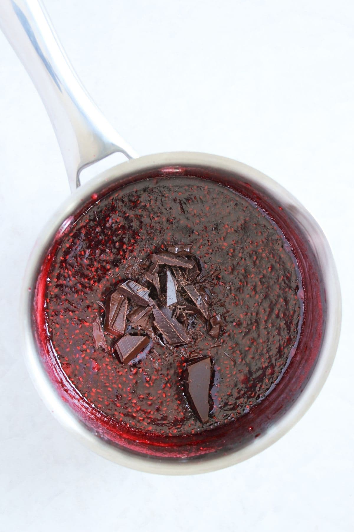 Chopped dark chocolate added to cooked raspberry jam before stirring until smooth.