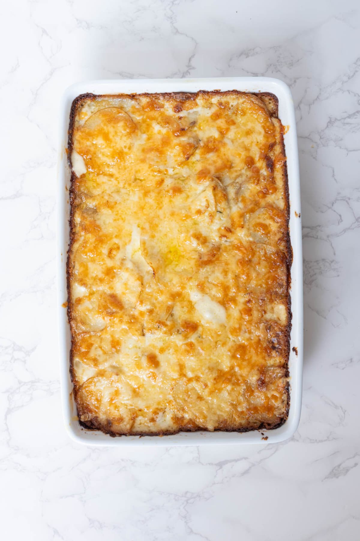 Freshly baked sourdough au gratin potatoes with a golden cheese topping.