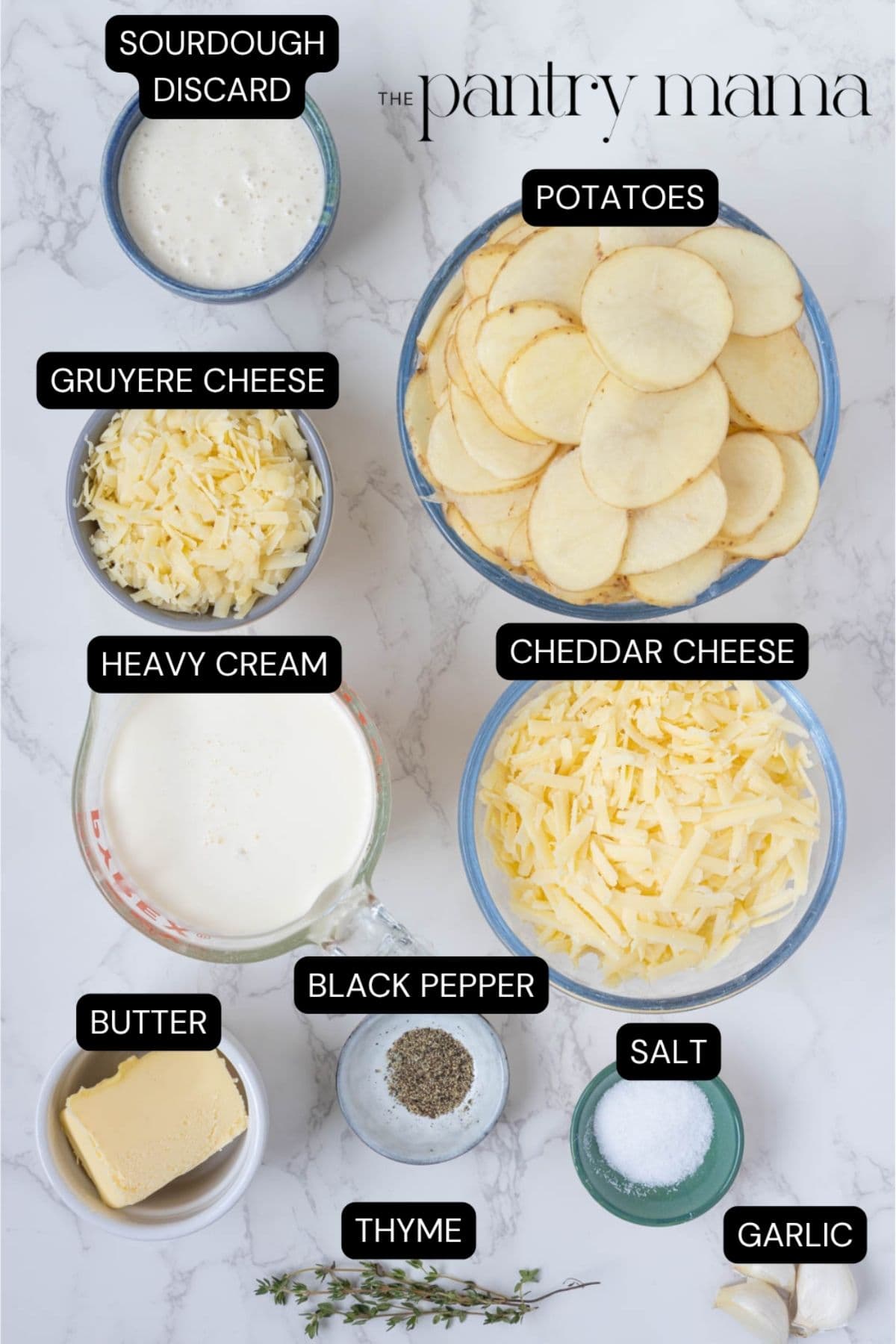 Labeled ingredients to make sourdough au gratin potatoes.