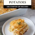 Pinterest pin for sourdough au gratin potatoes featuring a serving of sourdough au gratin potatoes with the baking dish in the background.