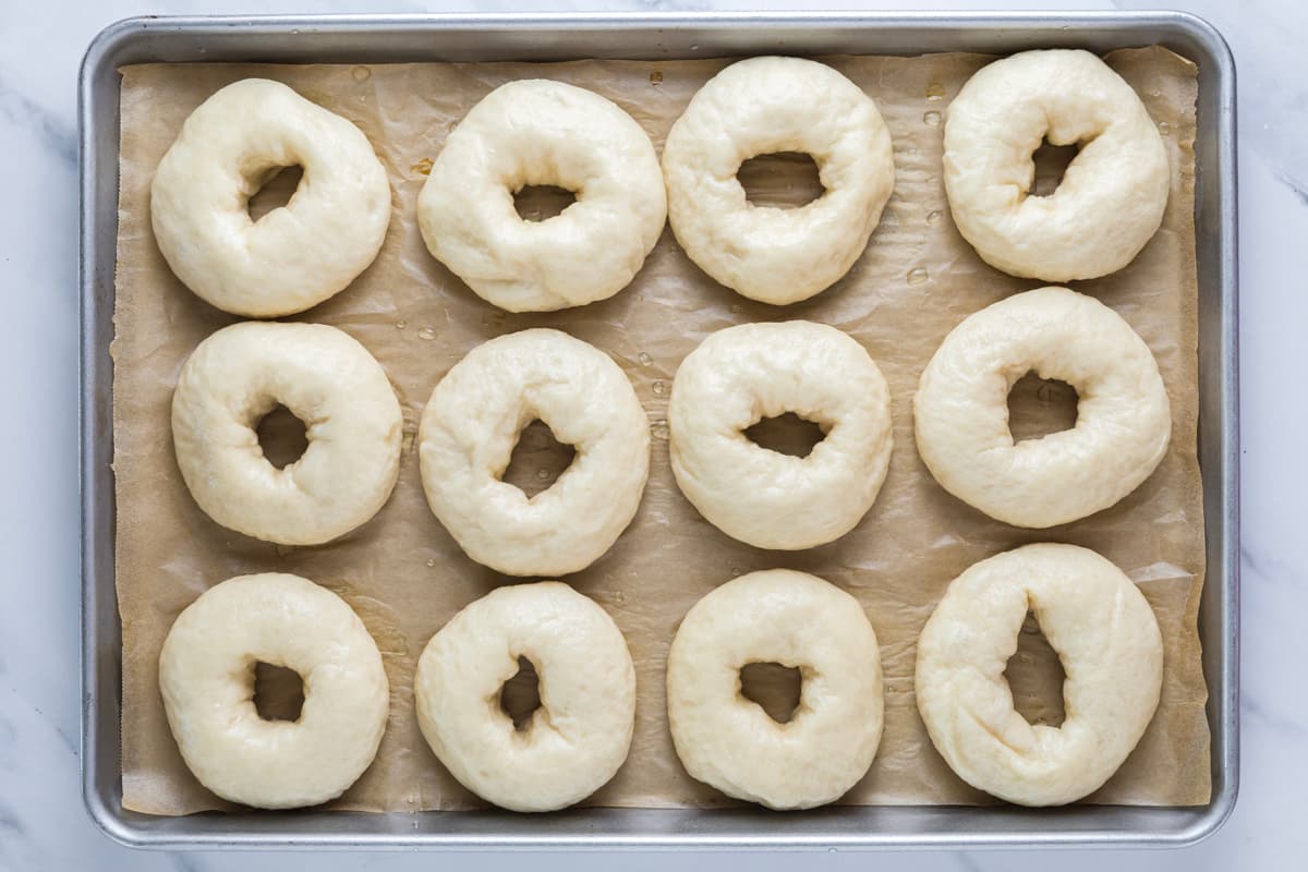 Boiled sourdough bagels resting on a baking sheet after the water bath and ready to go into the oven.