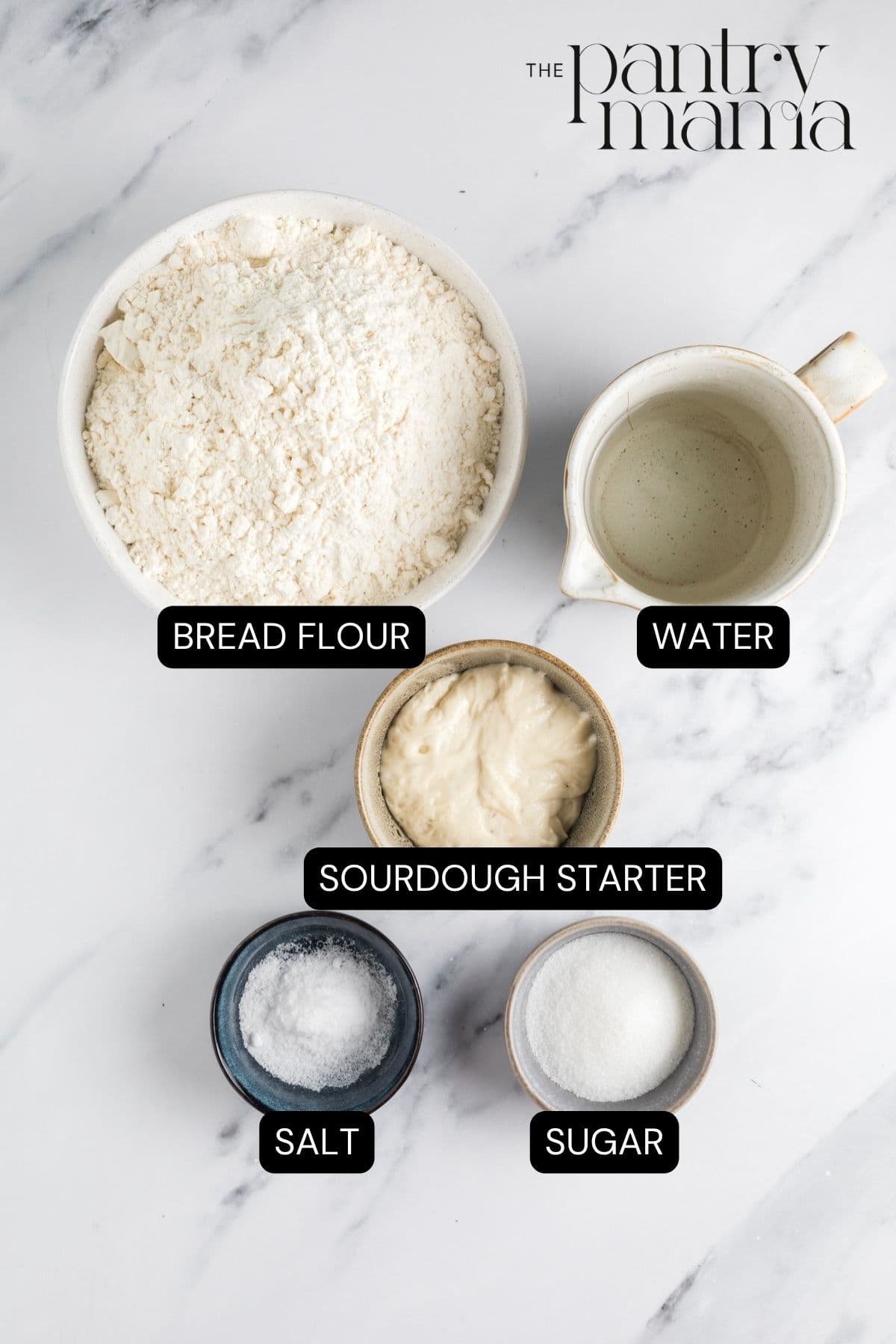 Labeled ingredients to make sourdough bagels.