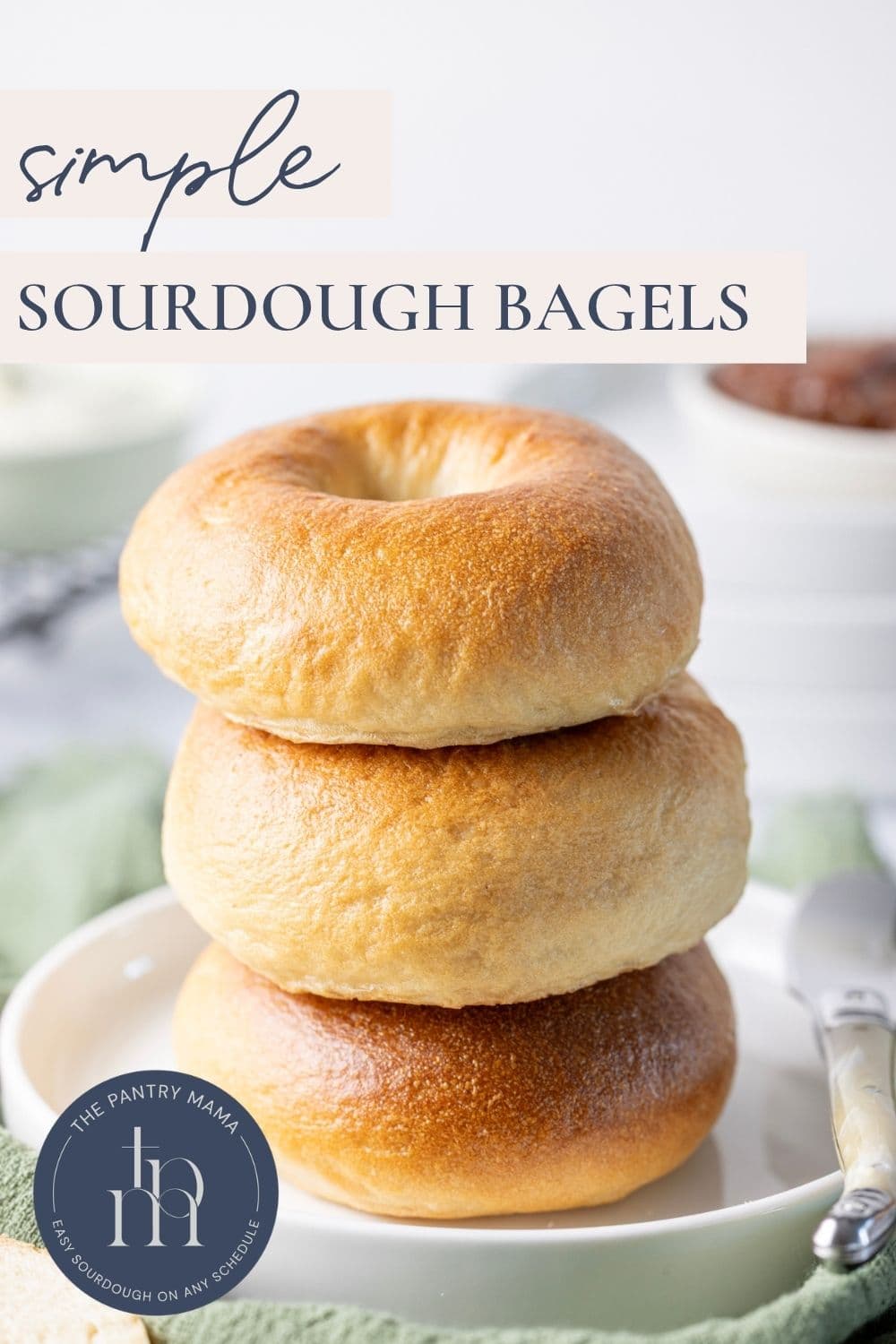 Pinterest graphic for a simple sourdough bagel recipe with discard and overnight options.